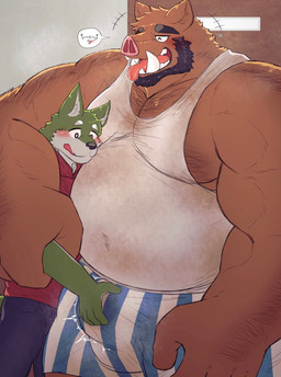 5_fingers anthro anthro_on_anthro arm_grab arm_hair beard biceps blue_clothing blue_underwear blush body_hair boxers_(clothing) brown_body brown_ears brown_fur bulge bulge_grab chest_hair clothed clothing duo facial_hair fingers fuel_gauge fur green_body green_ears green_fur hand_on_arm hand_on_bulge larger_male male male/male meter multicolored_clothing musclegut muscular open_mouth open_smile pattern_clothing pattern_underwear red_clothing red_topwear size_difference smile speech_bubble striped_clothing striped_underwear stripes tongue tongue_out topwear two_tone_clothing underwear nullraihigi canid canine mammal suid suine sus_(pig) wild_boar 2021 pictographics