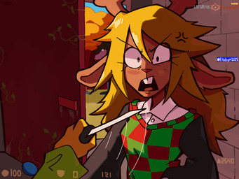 2_horns ambiguous_gender angry anthro antlers blonde_hair blush buckteeth clothed clothing cross-popping_vein detailed_background door female first_person_view fur group hair holding_knife holding_object horn knife motion_lines open_mouth pipis_(deltarune) plant purple_body red_nose teeth text tongue tree trio user_interface oakblu counter-strike deltarune door_stuck undertale_(series) kris_dreemurr noelle_holiday susie_(deltarune) deer human mammal new_world_deer reindeer reptile scalie 2025 digital_media_(artwork) english_text hi_res meme
