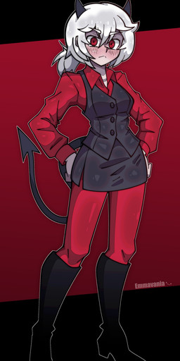 black_background black_boots black_bottomwear black_clothing black_footwear black_horn black_skirt black_tail black_topwear black_vest blush blush_lines boots bottomwear breasts clothed clothing female footwear front_view hair hand_on_hip horn knee_boots knee_highs legwear looking_at_viewer ponytail red_background red_clothing red_eyes red_legwear red_tights red_topwear shoes simple_background skirt small_breasts solo spade_tail tail tan_body tan_skin thick_thighs tights topwear vest white_hair wide_hips emmavania helltaker demon demon_humanoid horned_humanoid humanoid tailed_humanoid absurd_res hi_res
