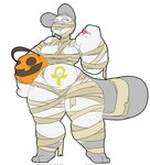 ankh anthro blue_eyes breasts bucket candy candy_bucket cleavage clothed clothing container dessert female food fur grey_body grey_fur holding_object multicolored_body multicolored_fur mummy_costume mummy_wrappings obese overweight simple_background solo thick_thighs two_tone_body two_tone_fur white_body white_fur wide_hips onetiredbear mizu_(onetiredbear) beaver mammal rodent hi_res