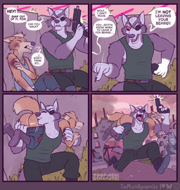 4_panel_comic anthro battle biceps boots bottomwear butt carrying_another claws clothed clothing dialogue duo_focus eye_patch eyebrows eyes_closed eyewear footwear fur group gun heroic holding_object kissing_butt male male/male manly narrowed_eyes pants pulling_pants_down ranged_weapon romantic romantic_couple shirt shoes size_difference speech_bubble tank_top text topwear weapon wounded toomuchdynamite nintendo star_fox fox_mccloud wolf_o'donnell canid canine canis dinosaur fox mammal prehistoric_species reptile scalie wolf artist_name comic english_text hi_res
