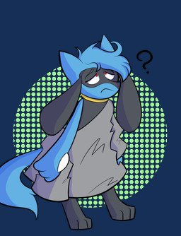 after_transformation ambiguous_gender anthro bedhead black_body black_fur blue_body blue_fur blue_hair clothed clothing digitigrade fur hair implied_transformation oversized_clothing partially_clothed pattern_background question_mark red_eyes simple_background solo tired transparent_background unaware_transformation waking_up yellow_body yellow_fur colorthesnowbreon nintendo pokemon generation_4_pokemon pokemon_(species) riolu absurd_res alpha_channel hi_res