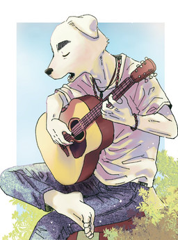 acoustic_guitar barefoot feet guitar jewelry male musical_instrument necklace plucked_string_instrument singing solo string_instrument pasikon animal_crossing nintendo k.k._slider canid canine canis domestic_dog mammal
