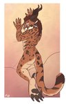 ambiguous_gender anthro blue_eyes dakimakura horn looking_at_viewer looking_back markings pawpads paws solo spots spotted_markings striped_markings stripes floyote guild_wars charr felid mammal dakimakura_design hi_res