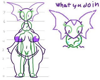 areola balls big_breasts bodily_fluids breasts duo female fin flaccid freckles genitals larger_female male monster_girl_(genre) navel nipples nude overweight overweight_female penis simple_background size_difference smaller_male standing sweat text thick_thighs vulva white_background wide_hips the_weaver monstro_village anon veronica_(the_weaver) human mammal monster english_text low_res