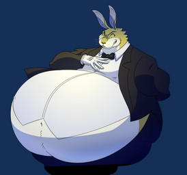 anthro belly big_belly black_tie_(suit) bottomwear bow_tie buckteeth clenched_teeth clothed clothing fur gloves hand_behind_back hand_on_chest handwear huge_belly male navel obese obese_anthro obese_male overweight overweight_anthro overweight_male pants rabbit_ears shirt simple_background solo suit suit_jacket teeth topwear transparent_background whiskers white_clothing white_shirt white_topwear reagan700 benson_(reagan700) lagomorph leporid mammal rabbit 2026 alpha_channel half-length_portrait hi_res portrait