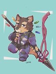 anthro bodysuit brown_body brown_fur chibi clothing eyebrows fur male melee_weapon muscular muscular_anthro muscular_male pecs polearm purple_eyes skinsuit solo spear superhero thick_eyebrows tight_clothing weapon igarashi_ta lifewonders live_a_hero pubraseer canid canine canis domestic_dog mammal hi_res
