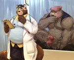 anthro balls belly big_belly blush bottomwear brown_body clothing detailed_background doctor erection genitals group hat headgear headwear inside kemono male male/male medical_instrument overweight overweight_male pants patient penis scientific_instrument sex uken_l bear canid canine mammal raccoon_dog tanuki 2021 absurd_res hi_res