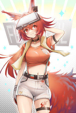 belt bottomwear breasts clothing collar female front_view hair hand_behind_head looking_aside navel red_hair scarf shirt shorts simple_background smile solo tail topwear 3saku arknights hypergryph studio_montagne flametail_(arknights) animal_humanoid humanoid mammal mammal_humanoid rodent rodent_humanoid sciurid sciurid_humanoid tree_squirrel_humanoid 2022 absurd_res digital_media_(artwork) hi_res