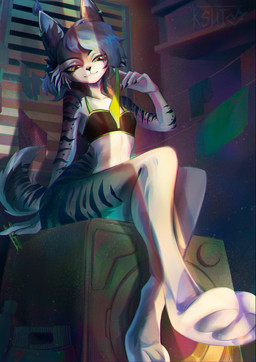 anthro appliance barefoot blue_hair bottomless breasts clothed clothing ears_pierced feet female fur green_clothing green_panties green_underwear grey_body grey_fur hair holding_clothing holding_object holding_panties holding_underwear jewelry laundry laundry_day laundry_machine laundry_room lingerie lingerie_panties looking_at_viewer multicolored_body multicolored_fur no_underwear panties paws piercing raised_hand short_hair sitting small_breasts smile smiling_at_viewer solo striped_body striped_fur stripes topwear topwear_only underwear white_body white_fur yellow_eyes ksujo bobcat felid feline lynx mammal hi_res