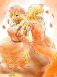 anthro blonde_hair breasts clothed clothing dress duo female food fruit fur grape hair hat headgear headwear leaf plant yellow_body yellow_fur kumainu touhou minoriko_aki shizuha_aki canid canine canis domestic_dog mammal 3:4 orange_theme