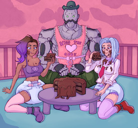 apron bodily_fluids booties cake candy chocolate chocolate_cake clothed clothing cowboy_hat crop_top daddy_kink dessert diaper dot_eyes drooling eating exposed_diaper eye_lens facial_hair female food furniture gate green_eyes group hair hand_on_ground hat headgear headpat headwear intelligence_loss larger_male machine male messy multicolored_hair mustache necktie open_clothing open_mouth open_shirt open_topwear red_eyes saliva shirt shirtless simple_eyes sitting size_difference smile strap_off_shoulder table tongue tongue_out topwear trio white_hair atreyatan blizzard_entertainment overwatch ashe_(overwatch) bob_(overwatch) sombra_(overwatch) human mammal robot absurd_res hi_res