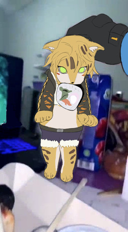 blonde_hair bottomwear claws clothing daisy_dukes denim denim_bottomwear denim_clothing denim_shorts duo female feral feral_focus feralized first_person_view food fur gloves green_eyes hair handwear holding_another holding_food holding_object holding_sushi hotpants human_pov humor jacket lifting lifting_another looking_at_viewer mouth_hold paws photo_background pov_hands quadruped shorts size_difference smaller_feral solo_focus sushi suspension topwear yellow_body yellow_fur katriot mihoyo zenless_zone_zero pulchra_fellini zhu_yuan felid feline human mammal 2025 draw_over hi_res meme mixed_media photography_(artwork)