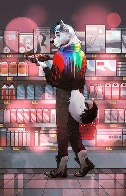 anthro blinking candy chocolate creepy dessert eyes_in_darkness food horror_(theme) lgbt_pride looking_at_viewer looking_back male pride_color_accessory pride_colors rainbow_pride_colors rainbow_symbol seven-stripe_rainbow_pride_colors shopping shopping_basket smile solo static 6everage dante_kinkade canid canine canis mammal monster wolf animated hi_res