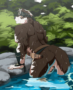 accessory anthro armor black_body black_fur black_nose bottomwear butt clothed clothing dagger fur headband kemono kerchief leaning leaning_forward loincloth looking_back male melee_weapon multicolored_body multicolored_fur muscular muscular_anthro muscular_male nipples outside solo topless two_tone_body two_tone_fur vambrace water weapon wet white_body white_fur yellow_eyes kynr0rnyk lifewonders tokyo_afterschool_summoners horkeu_kamui_(tas) canid canine canis mammal wolf