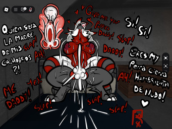 anthro ball_slap bed black_body bodily_fluids cowgirl_position cum cum_inflation cum_inside duo female from_front_position furniture genital_fluids heart_symbol inflation inside knotting male male/female on_bottom on_top piercing red_body saliva sex slap text tongue tongue_out roder_vasquez roblox folfie_winter canid canine canis hybrid mammal wolf 4:3 digital_media_(artwork) spanish_text