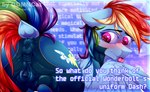 anus big_butt butt chastity_device clitoris clothing crotch_breasts female feral genitals jumpsuit latex nipple_outline orgasm_denial puffy_anus solo teats tongue unusual_chastity wings goddamncat friendship_is_magic hasbro my_little_pony mythology rainbow_dash_(mlp) wonderbolts_(mlp) equid equine mammal mythological_creature mythological_equine pegasus absurd_res hi_res story story_in_description