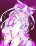 blush bodily_fluids bow_(feature) bow_tie breasts clothed clothing clothing_bow female fluffy fluffy_tail fox_shadow_puppet fur gesture gloves grey_body grey_fur grey_hair hair handwear heart_eyes heart_symbol legwear long_hair navel open_mouth pink_eyes saliva small_breasts solo steam sweat tail tentacles thigh_highs translucent translucent_hair twin_bows twin_clothing_bows white_body white_fur acechan_f animal_humanoid canid canid_humanoid canine canine_humanoid fox_humanoid humanoid mammal mammal_humanoid 2016 hi_res portrait three-quarter_portrait