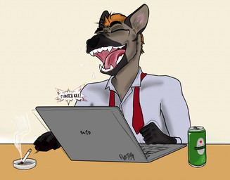 accessory anthro beverage_can bodily_fluids brown_body brown_fur cigarette clothed clothing collared_shirt computer crying_laughing dress_shirt electronics fur gaming hair laptop laugh male necktie open_mouth orange_hair sharp_teeth shirt smoke solo tears teeth text tongue topwear ramish arquipsence_(arquipsence) hyena mammal spotted_hyena english_text