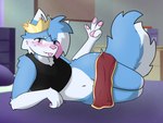 anthro bedroom bedroom_eyes clothed clothing crown femboy headgear male narrowed_eyes partially_clothed seductive solo teasing teasing_viewer kariwolf197 skyler(pm) canid canine fox mammal hi_res