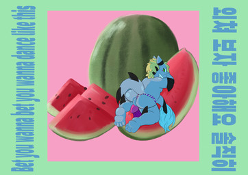 anthro asian_clothing bodily_fluids clothing east_asian_clothing food fruit fundoshi japanese_clothing male melon micro overweight overweight_anthro overweight_male plant red_flavor red_velvet slightly_chubby solo underwear watermelon retro_future aquatic fish shark absurd_res hi_res