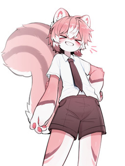 4_fingers >_< accessory anthro blush bottomwear clothed clothed_anthro clothed_male clothing emanata eyes_closed fingers fur grin grinning_at_viewer hair kemono male male_anthro multicolored_body multicolored_fur multicolored_hair necktie pawpads pink_body pink_fur pink_hair shirt shorts smile smiling_at_viewer solo tail teeth topwear white_body white_fur white_hair young young_anthro young_male acorn_furry naruta mammal rodent sciurid tree_squirrel 2026 digital_media_(artwork) hi_res portrait three-quarter_portrait