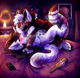 ahegao alcohol anatomically_correct animal_genitalia animal_penis anthro beanie bed bedroom beer beverage black_body black_fur black_hair blush bodily_fluids breasts canine_genitalia canine_penis cellphone clenched_teeth clothing collar cum cum_inside drunk duo electronics erection fangs female female_penetrated from_front_position fur furniture genital_fluids genitals hair half-closed_eyes hat headgear headwear horn inside knot lamp light looking_pleasured lying male male/female male_penetrating male_penetrating_female missionary_position narrowed_eyes nude on_back on_bed open_mouth orgasm penetration penile penile_penetration penis penis_in_vagina phone poster purple_eyes red_eyes seductive sex substance_intoxication tattoo teeth tongue tongue_out vaginal vaginal_penetration vulva white_body white_fur white_hair conditional_dnp sinfulkitz firelight's_respite_(ikitsunyan) kanaya_belladonna_(ikitsunyan) trey_richards_(ikitsunyan) canid canine canis domestic_cat domestic_dog elkhound felid feline felis mammal norwegian_elkhound spitz 2017 absurd_res digital_media_(artwork) hi_res