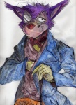 anthro cane classy clothed clothing eyewear facial_hair fully_clothed fur gloves handwear looking_at_viewer male monocle mustache necktie purple_body purple_fur solo suit amberpalette sherlock_hound_(series) moriarty_(sherlock_hound) canid canine canis mammal wolf 2004 hi_res traditional_media_(artwork)