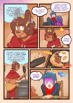 7_panel_comic annoyed arm_hair blue_hair bodily_fluids body_hair bottomwear brown_body brown_fur brown_hair brown_skin clothing cooking cookware curled_shoes dialogue drooling flower flower_crown frying_pan fur hair hat headgear headwear highlights_(coloring) hood humor kitchen_utensils loincloth markings mole_(marking) plant profanity purple_highlights robe sack saliva scarf speech_bubble stubble tan_body tan_skin text tools wizard_hat darkchibishadow solanaceae battam_(solanaceae) sal_(solanaceae) human humanoid mammal satyr comic english_text