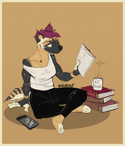anthro barefoot book border cellphone clothing container cup ears_up electronics feet female hair holding_book holding_object looking_down mug phone phone_call phone_ringing purple_hair reading reading_book shirt sitting sitting_on_ground smartphone solo tail tank_top text text_on_mug topwear yellow_border mawkvlt spoon_(spoonchomper) hi_res
