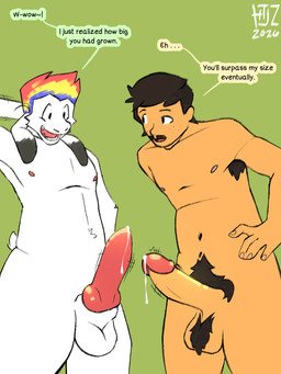 animal_genitalia animal_penis anthro armpit_hair balls bodily_fluids body_hair canine_genitalia canine_penis comparing comparing_penis dialogue duo facial_hair genital_fluids genitals happy humanoid_genitalia humanoid_penis knot knotted_penis leaning leaning_backward leaning_forward long_ears looking_at_another looking_at_genitalia looking_at_partner looking_at_penis looking_down male male/male mustache nipples nude nude_anthro nude_male open_mouth penis precum quiff_(hairstyle) scratches short_tail snout speech_bubble tail teeth text throbbing throbbing_penis valken_holmes henry_(centertale) zandriel_(storytale) bovid caprine goat human mammal 3:4 dated english_text hi_res watermark