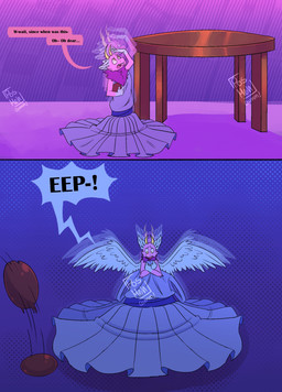 anthro blue_body blue_ears blue_paws blue_wings candy chocolate clothed clothed_anthro clothed_female clothing comic_panel confusion covering covering_self dessert dewlap_(anatomy) dialogue female fluffy fluffy_ears food fur furniture horn inside magic micro motion_lines multicolored_body multicolored_fur pink_body pink_fur purple_body purple_fur scared shrinking shrinking_out_of_clothes shrunk size_transformation solo speech_bubble table tail text transformation two_tone_body wings posmehdakota mythology petal_(dapperhedgehog) dragon fairy_dragon furred_dragon furred_scalie lizard mythological_creature mythological_scalie reptile scalie winged_dragon absurd_res comic digital_media_(artwork) english_text hi_res