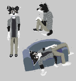 anthro black_body black_clothing black_fur black_shirt black_topwear bottomwear brown_bottomwear brown_clothing brown_pants clothing fur furniture grey_background grey_clothing grey_jacket grey_topwear jacket male on_sofa pants shirt simple_background sofa solo topwear white_body white_fur demensa 2021 digital_media_(artwork) pixel_(artwork)