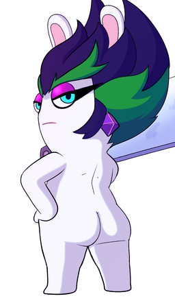 anthro big_butt blue_eyes butt eyelashes eyeshadow female fur green_highlights hair hand_on_hip highlights_(coloring) holding_object holding_weapon looking_at_viewer looking_back looking_back_at_viewer makeup nude pink_eyeshadow purple_hair simple_background solo thick_thighs weapon weapon_on_shoulder white_background white_body white_fur wide_hips impstripe mario_plus_rabbids_sparks_of_hope raving_rabbids rayman_(series) ubisoft edge_(mario_plus_rabbids) lagomorph leporid mammal rabbid rabbit hi_res