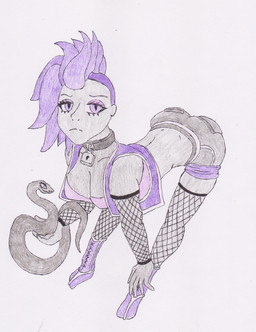 armwear black_collar bottomwear clothing collar crop_top duo eyeshadow female feral fishnet_armwear fishnet_clothing fishnet_legwear fishnet_thigh_highs grey_body grey_skin hair legwear lock makeup padlock padlocked_collar pink_eyes purple_eyes purple_eyeshadow purple_hair shirt shorts thigh_highs topwear therealmessyroomguy1 human mammal reptile scalie snake absurd_res hi_res traditional_media_(artwork)