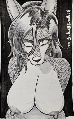 anthro areola big_breasts breasts female high-angle_view looking_at_viewer looking_up nipples nude scales solo serpentmongrel natalia_(serpentmongrel) canid canine mammal reptile scalie hi_res monochrome traditional_media_(artwork)