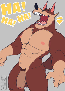 abs anthro balls blush blush_lines brown_body brown_fur claws facial_hair fangs fingers foreskin fur genitals hair humanoid_genitalia humanoid_penis laugh logo male muscular muscular_anthro muscular_male nipples nude onomatopoeia open_mouth pecs penis simple_background smile solo sound_effects tail teeth text tuft yellow_omen hank_howell_(piti_yindee) canid canine canis mammal wolf 2026 absurd_res artist_logo artist_name colored digital_drawing_(artwork) digital_media_(artwork) digital_painting_(artwork) english_text full-length_portrait hi_res painting_(artwork) portrait watermark