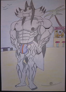 anthro bulge clothing male muscular muscular_male solo swimwear vein veiny_muscles maximonake mythology canid canine mammal mythological_canine mythological_creature werecanid werecanine werecreature werewolf absurd_res hi_res