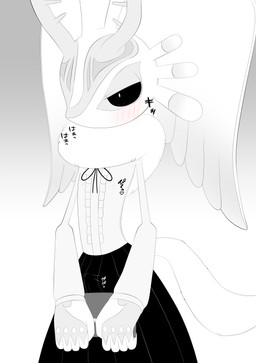 anthro antlers biped black_sclera blush blush_lines chest_tuft clothed clothing crossdressing_male dress erection erection_under_clothing femboy fluffy fluffy_tail head_wings horn huge_wings male mouthless narrowed_eyes neck_tuft pupils simple_background solo tail tenting text three-quarter_view tuft unusual_wing_placement white_background white_pupils wings ahab_null kirby_(series) kirby_and_the_forgotten_land nintendo chaos_elfilis alien chinchillid mammal rodent starling_(kirby) 2022 absurd_res digital_drawing_(artwork) digital_media_(artwork) greyscale hi_res japanese_text monochrome portrait three-quarter_portrait