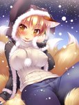 amber_eyes big_breasts blonde_hair blush breast_focus breasts clothed clothing female fluffy fluffy_tail fully_clothed hair leaning looking_at_viewer multi_tail nipple_outline outside sitting smile snow solo sweater tail tongue tongue_out topwear wet yellow_eyes ikuta_takanon touhou ran_yakumo animal_humanoid canid canid_humanoid canine canine_humanoid fox fox_humanoid humanoid mammal mammal_humanoid 2012 hi_res light_theme