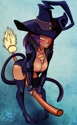 arched_back between_breasts black_clothing black_legwear blush breasts broom broom_riding cat_tail cleaning_tool clothing cosplay dark_body dark_skin doll female fur_trim_(clothing) hair hat headgear headwear leaning leaning_forward legwear looking_at_viewer magic_user nipples parted_lips purple_hair riding smile solo standing straddling thigh_highs witch witch_hat yellow_eyes my_pet_tentacle_monster bleach_(series) soul_eater blair_(soul_eater) yoruichi_shihoin animal_humanoid cat_humanoid felid felid_humanoid feline feline_humanoid humanoid mammal mammal_humanoid digital_media_(artwork) full-length_portrait portrait