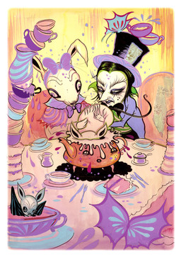 ambiguous_gender anthro bow_tie cake clothed clothing container cup dessert eyelashes eyeshadow feral food group hair hat headgear headwear lips makeup tea_cup teapot top_hat wings camille_rose_garcia alice_in_wonderland mad_hatter animate_inanimate bat human lagomorph leporid mammal rabbit hi_res