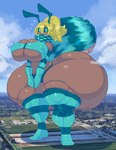 antennae_(anatomy) arthropod_abdomen atmospheric_perspective big_breasts big_butt blonde_hair blue_eyes blue_sclera bottom_heavy breasts butt cleavage clothed clothing dark_body dark_skin female giga hair huge_breasts huge_butt huge_thighs hyper hyper_butt hyper_thighs landscape_dwarfing macro navel nipple_outline solo standing thick_thighs under_boob wide_hips beepunz comb_(beepunz) animal_humanoid arthropod arthropod_humanoid bee_humanoid humanoid hymenopteran hymenopteran_humanoid insect insect_humanoid absurd_res hi_res