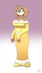 anthro big_breasts big_nose bow_ribbon breasts brown_body brown_fur cleavage clothed clothing curvy_figure dress eyelashes female footwear fur gradient_background gradient_clothing head_tuft neutral_expression no_bra pigtails purple_eyes shoes simple_background sleeves sleeves_past_wrists solo tail tuft wide_hips yellow_clothing yellow_dress drxii sega sonic_the_hedgehog_(series) fan_character toffee_the_hedgehog eulipotyphlan hedgehog mammal 2016 hi_res watermark