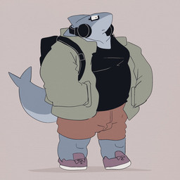 anthro backpack bottomwear clothing electronics eyewear glasses headphones kemono male overweight overweight_anthro overweight_male shirt shorts simple_background solo topwear dumdum aquatic fish shark 1:1 2020