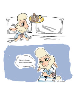 anthro bed bedding blanket brown_body brown_fur brown_wool clothing female fur furniture male pajamas pillow text thought_bubble waiting wool_(fur) wool_hair miss-ewe3479 disney zootopia dawn_bellwether doug_ramses bovid caprine mammal sheep comic english_text hi_res