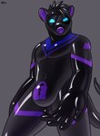 anthro drone latex lock_symbol looking_at_viewer male null_bulge oral_tube reaching_towards_viewer simple_background solo standing symbol visor hacony animate_inanimate living_latex mammal murid murine rat rodent hi_res