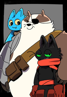 1_eye anthro black_body black_fur cape clothing cybernetics digitigrade disability eye_patch eyewear female fur green_eyes group machine male overweight overweight_male pegleg prosthetic prosthetic_arm prosthetic_limb red_clothing vetiver_n cartoon_network mao_mao:_heroes_of_pure_heart adorabat badgerclops sheriff_mao_mao_mao badger bat cyborg domestic_cat felid feline felis mammal mustelid musteline hi_res