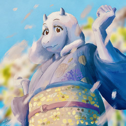anthro asian_clothing clothing east_asian_clothing female fur japanese_clothing kimono petals red_eyes smile solo white_body white_fur wind conditional_dnp komm64 undertale_(series) toriel boss_monster_(undertale) bovid caprine goat mammal 1:1 2024 hi_res painting_(artwork) traditional_media_(artwork)