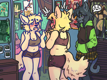 anthro bedroom blush blush_lines bottomwear clothed clothing duo female female/female furniture holes_in_underwear hoodie pleated_skirt skirt slice_of_life tail text topwear transformation katlovesshrimp papa_roach canid canine canis domestic_cat domestic_dog felid feline felis mammal 4:3 digital_media_(artwork) english_text